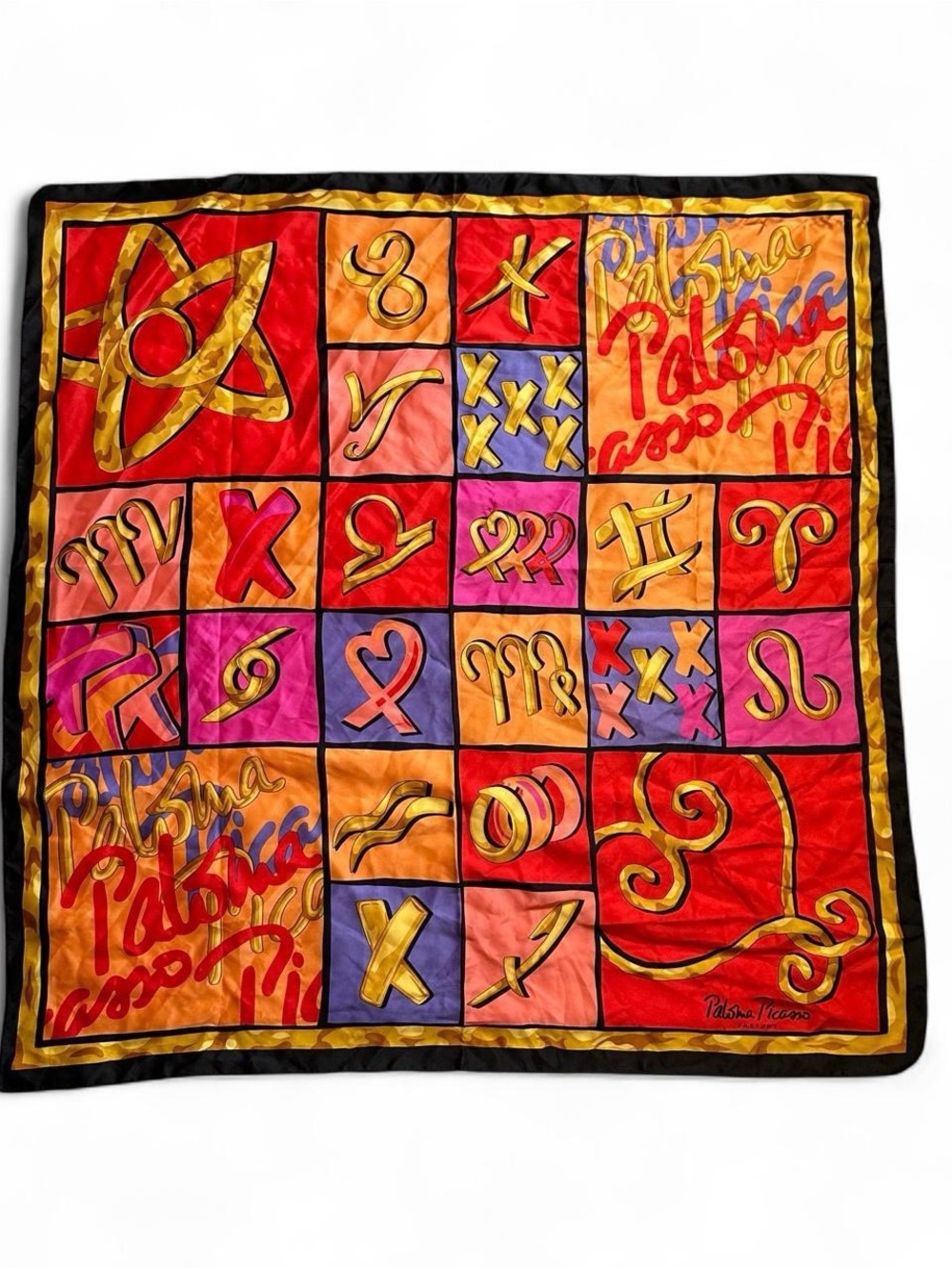 Vintage 90s Paloma Picasso Zodiac Silk Scarf - Red, Orange, Pink, Purple